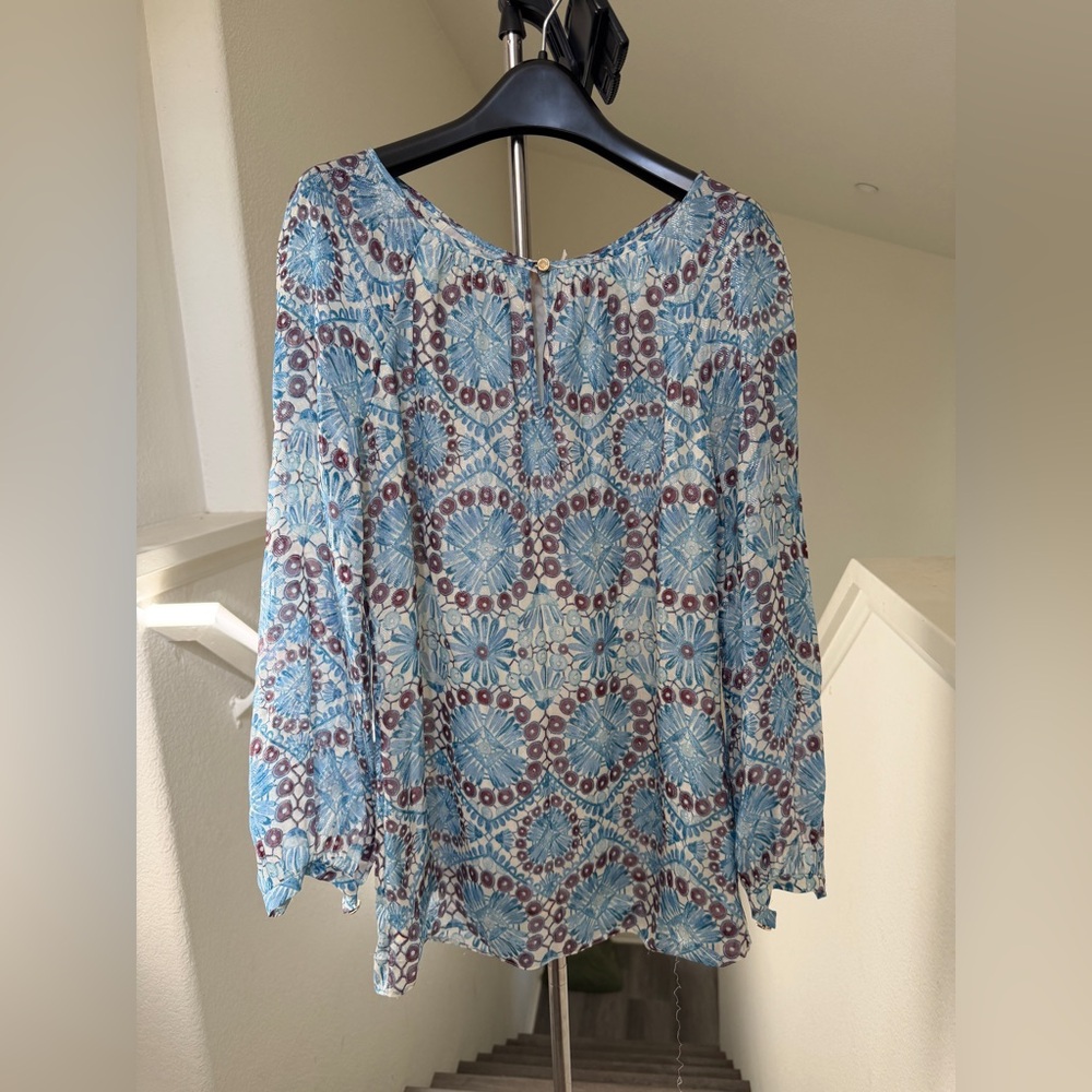 Tory Burch Silk Blend Shimmer Top in Blue & Maroon Floral Print Size 2